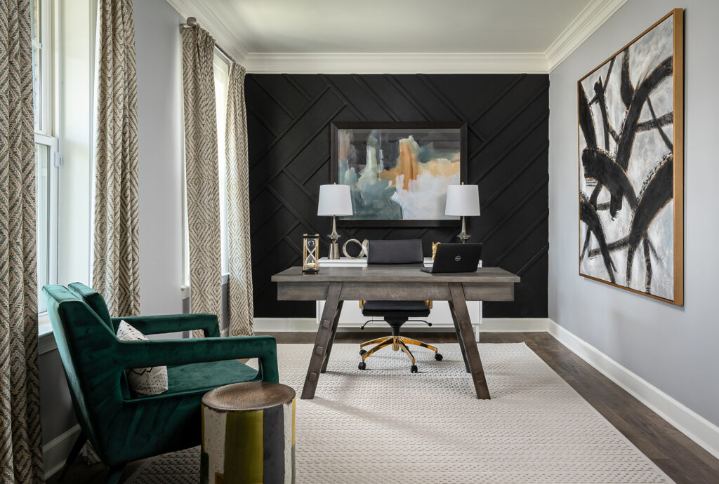 Home office with black accent wall